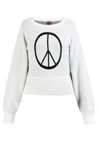 Suéter corto blanco con un diseño de símbolo de paz negro, cuello y puños acanalados, textura suave y ajuste relajado.