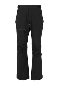 Pantalons d'extérieur noirs en tissu résistant, avec une coupe droite, de multiples poches zippées et une taille ajustable.