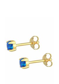 Boucles d'oreilles en or avec des pierres d'opale bleue ronde en sertissage griffes, dotées de tiges en or lisses et de fermoirs papillon ronds.