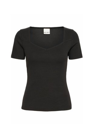 Black ribbed short-sleeve top with a v-neckline and fitted design. Features minimal seams and a label in the neckline.