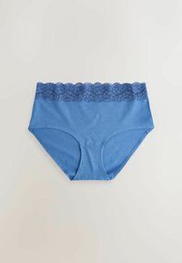 Niebieskie hipsterskie majtki z falbaniastego koronki w pasie, z gładkiego bawełnianego materiału, bez dodatkowych wzorów ani akcentów.