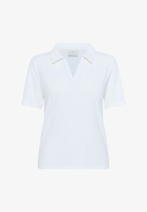 Witte polo shirt met korte mouwen, kraag en V-hals, met een geribbelde structuur en een subtiel logo op de hals.