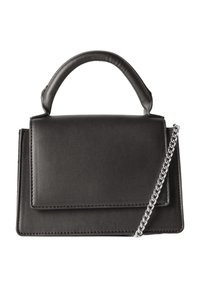 Czarna skórzana torebka o strukturalnym kształcie, z górnym uchwytem i odpinanym srebrnym łańcuchem. Posiada zapięcie na klapę oraz detale w postaci szwów.