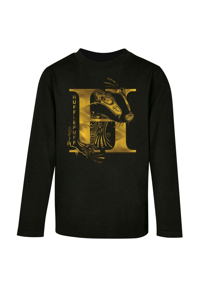 Musta pitkähihaisen paita, jossa on kultainen grafiikka lumikon kuvasta ja sana "HUFFLEPUFF", taidokkaasti suunnitellut elementit integroituina kuvaan.