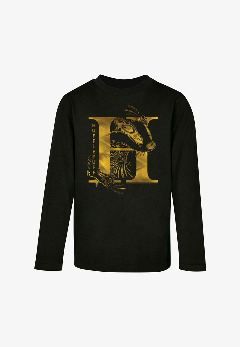 Black long-sleeve shirt featuring a gold graphic of a badger and the word "HUFFLEPUFF," with intricate design elements integrated into the imagery.