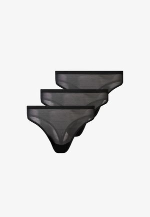 Set di tanga neri trasparenti, caratterizzato da una cintura elastica liscia, design minimalista e tessuto semitrasparente.