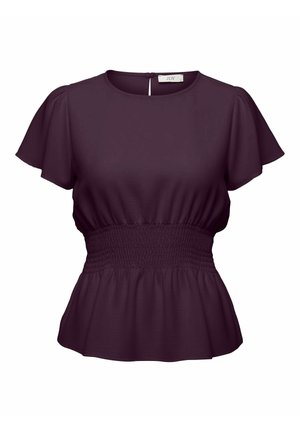 Blusa a maniche corte viola scuro con scollo rotondo, vita arricciata e orlo e maniche leggermente svasati, etichettata JDY.