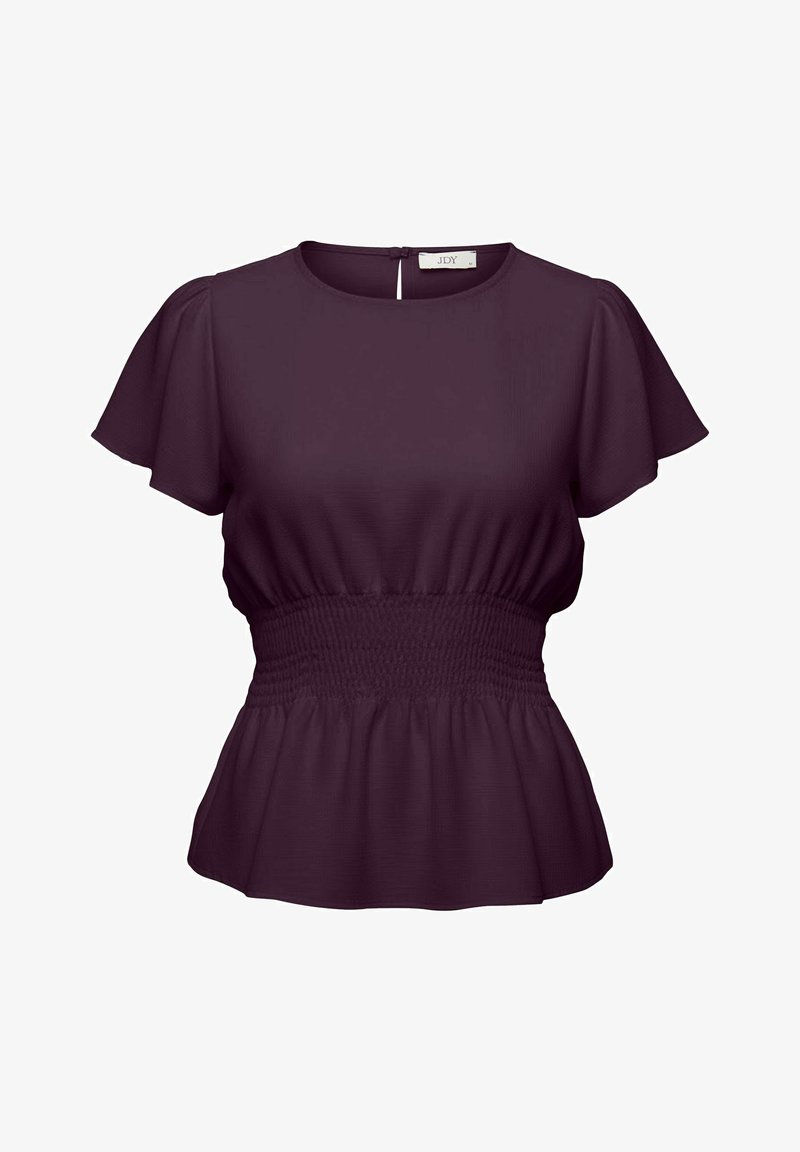 Blouse à manches courtes violet foncé avec col rond, taille smockée et ourlet ainsi que manches légèrement évasées, étiquetée JDY.