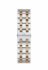 Silver and gold metal watchband with alternating polished and brushed links, featuring a clasp with a logo in the center.