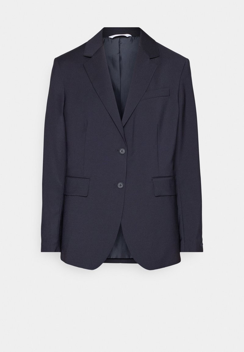 Blazer marine à deux boutons, avec revers crantés et poches avant. Fabriqué en tissu texturé, doté d'une coupe ajustée et d'une doublure intérieure lisse.