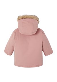 Light pink, waterproof jacket with a hood featuring a faux fur trim. Short sleeves and a straight cut; simple design without fastenings.