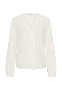 Camicia bianca con maniche lunghe, scollo a V e righe testurizzate. Tessuto morbido con dettagli sottili, leggermente arricciata ai polsini.