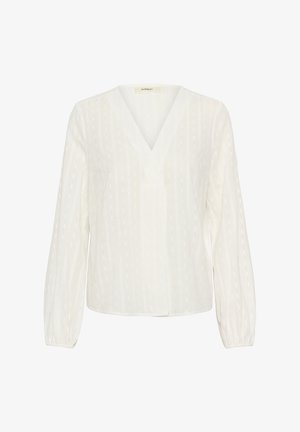 Weißes Bluse mit langen Ärmeln, V-Ausschnitt und strukturierten Streifen. Weicher Stoff mit subtilen Details, leicht gerafft an den Manschetten.