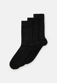 Fekete pamut zoknik, bordázott textúrával, három párban, középikonnyságú, megerősített sarokkal és lábujjal, sima felülettel, minta vagy díszítés nélkül.