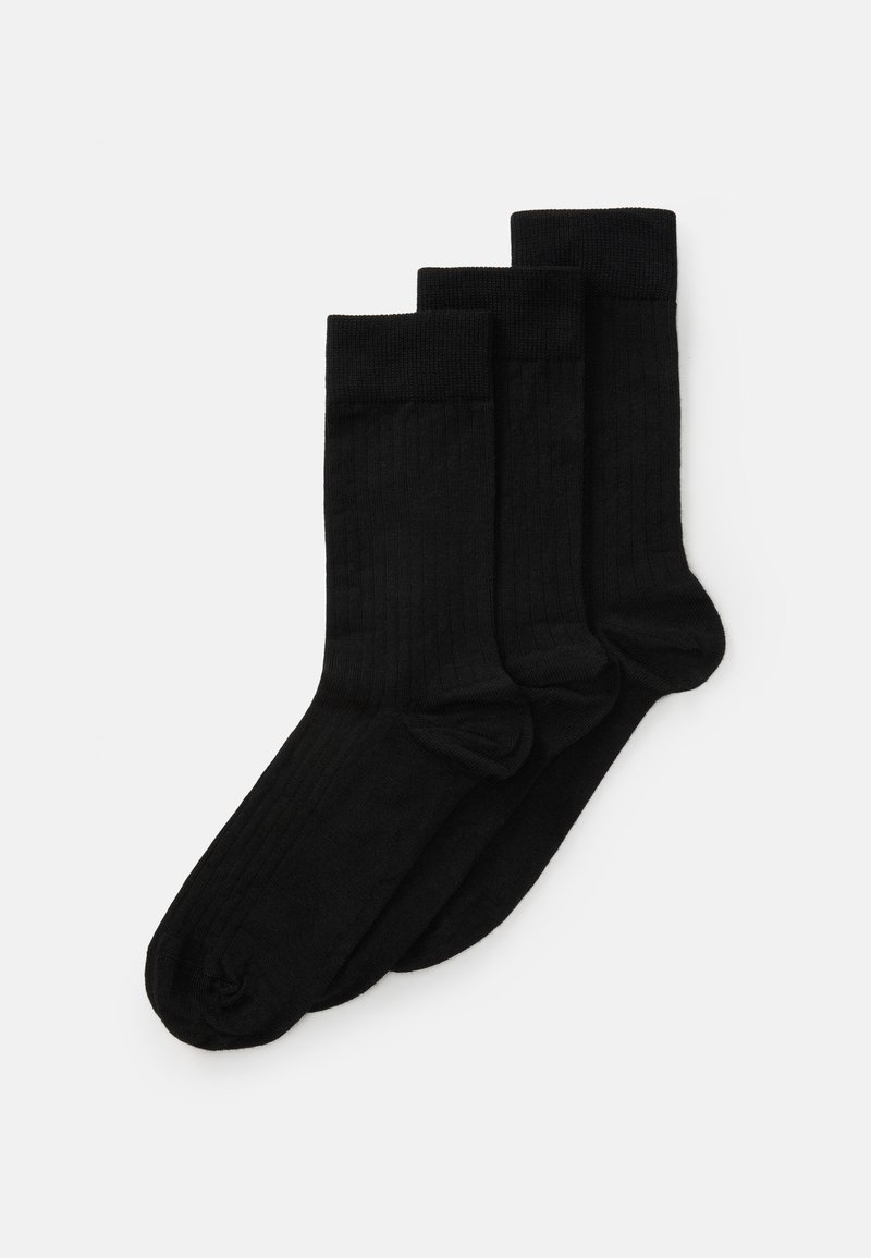 Fekete pamut zoknik, bordázott textúrával, három párban, középikonnyságú, megerősített sarokkal és lábujjal, sima felülettel, minta vagy díszítés nélkül.