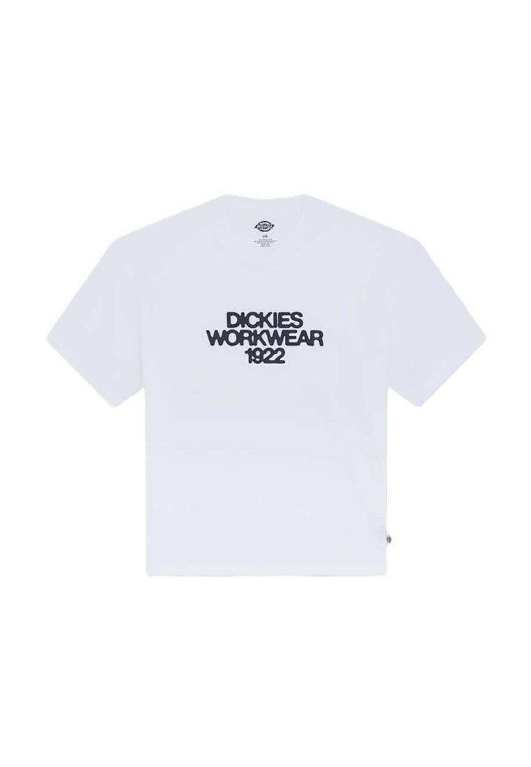 Weißes T-Shirt mit kurzen Ärmeln und schwarzem Text „DICKIES WORKWEAR 1922“ mittig auf der Vorderseite.