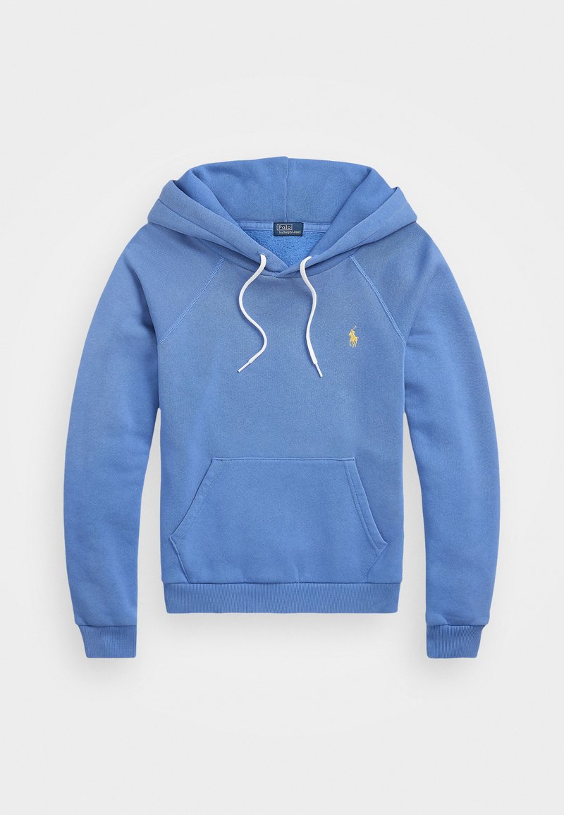 Lichtblauwe hoodie met een kangoeroezak, trekkoordcapuchon, ribbed cuffs en zoom, met een klein geel logo op de borst.