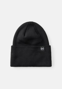 Gorro de punto negro con borde doblado, que presenta un parche de logo circular en el lateral. El material parece suave y cálido.