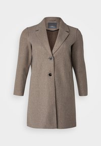 Manteau en laine marron avec un col cranté, fermeture à un bouton et poches latérales. Présente une texture lisse et une coupe ajustée.