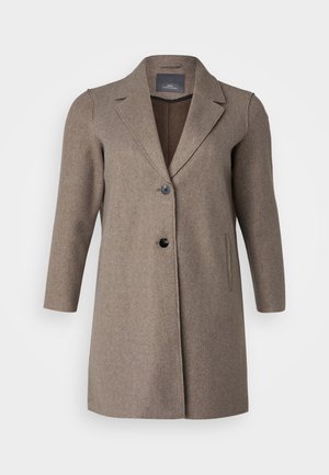 Brown wool coat with a notched collar, single-button closure, and side pockets. features a smooth texture and tailored fit.