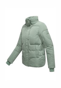 Padded jacket in light green, featuring a high collar, zip front, large pockets, and ribbed cuffs. Smooth texture with quilted pattern.