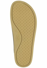 Sole in gomma nera con un pattern texturizzato a punti, forma arrotondata e un bordo esterno marrone chiaro. Presenta un logo e la taglia "41" impressi.
