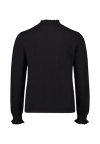 Schwarzer Pullover mit hohem Kragen und Rüschensäumen. Hergestellt aus strukturiertem Stoff, mit taillierter Passform und langen Ärmeln.