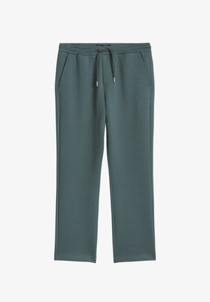 Pantalon de survêtement droit vert foncé avec taille élastique, cordon de serrage et poches latérales.