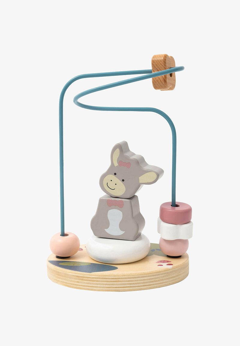 Wooden bead maze featuring a gray cow block with a pink bow, a curved blue wire, and colorful beads on a circular wooden base.