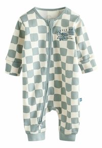 Randig jumper i mjuk bomull, med ett ljusgrönt och krämfärgat rutmönster, framzipper och räfflad textur på ärmar och ben.