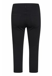 Black stretch denim trousers with a slim fit, featuring two back pockets and a smooth texture, cropped just above the ankle.