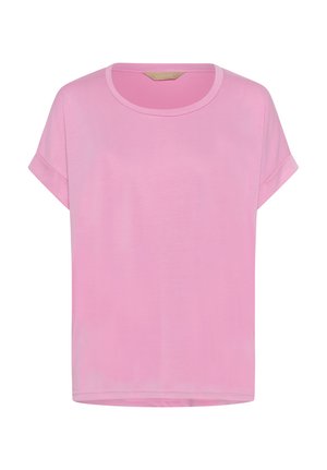 Roza ženska majica kratkih rukava s okruglim izrezom i presavijenim rubovima rukava, jednobojnog dizajna, s etiketom unutar ovratnika.