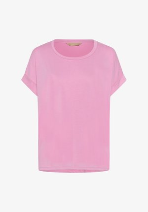 Rosa Damen-T-Shirt mit kurzen Ärmeln, rundem Ausschnitt und umgeschlagenen Ärmelbündchen, schlichtes Design, Etikett innen im Kragen.