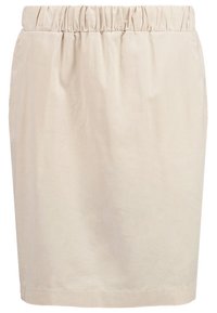 Jupe beige longueur genou avec une taille élastique. Fabriquée en tissu doux avec une texture lisse et un design simple. Aucune motif ou accent visible.