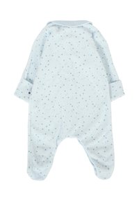 Romper per neonato in pile azzurro chiaro con motivo a stelle, maniche lunghe, polsini e fondo con piedi. Texture morbida e design accogliente per il massimo del comfort.