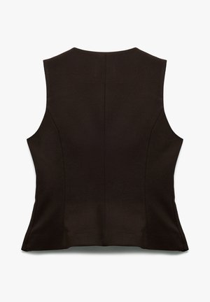 Zwarte mouwloze top met een strakke pasvorm, met een gladde textuur en subtiele naden. De achteraanzicht benadrukt een minimalistische stijl.