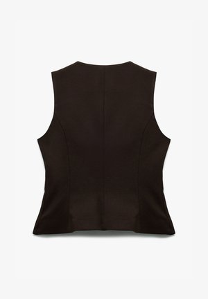 Zwarte mouwloze top met een strakke pasvorm, met een gladde textuur en subtiele naden. De achteraanzicht benadrukt een minimalistische stijl.