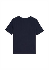 T-shirt in cotone blu navy con scollatura tonda, maniche corte e taglio dritto sul retro. Tessuto liscio senza motivi o dettagli visibili.