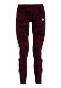 Bordowe legginsy z czarnym wzorem florystycznym, z białymi paskami po bokach i logo Adidas. Wykonane z elastycznego materiału dla komfortu.