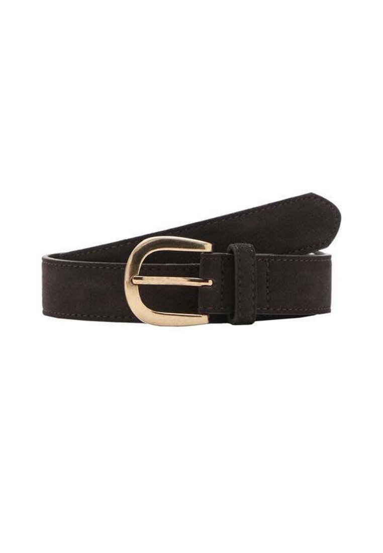 Ceinture en suède noir avec une boucle ovale en or, enroulée et avec des coutures visibles le long des bords.
