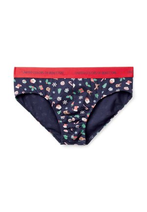 Slip navy con elastico rosso con la scritta "United Colors of Benetton", decorati con icone natalizie come Babbo Natale, alberi di Natale, regali e bastoncini di zucchero.
