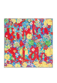 Colorful floral design with blue background; features red text reading "Happy Birthday" amidst various flowers in yellow, pink, and green.