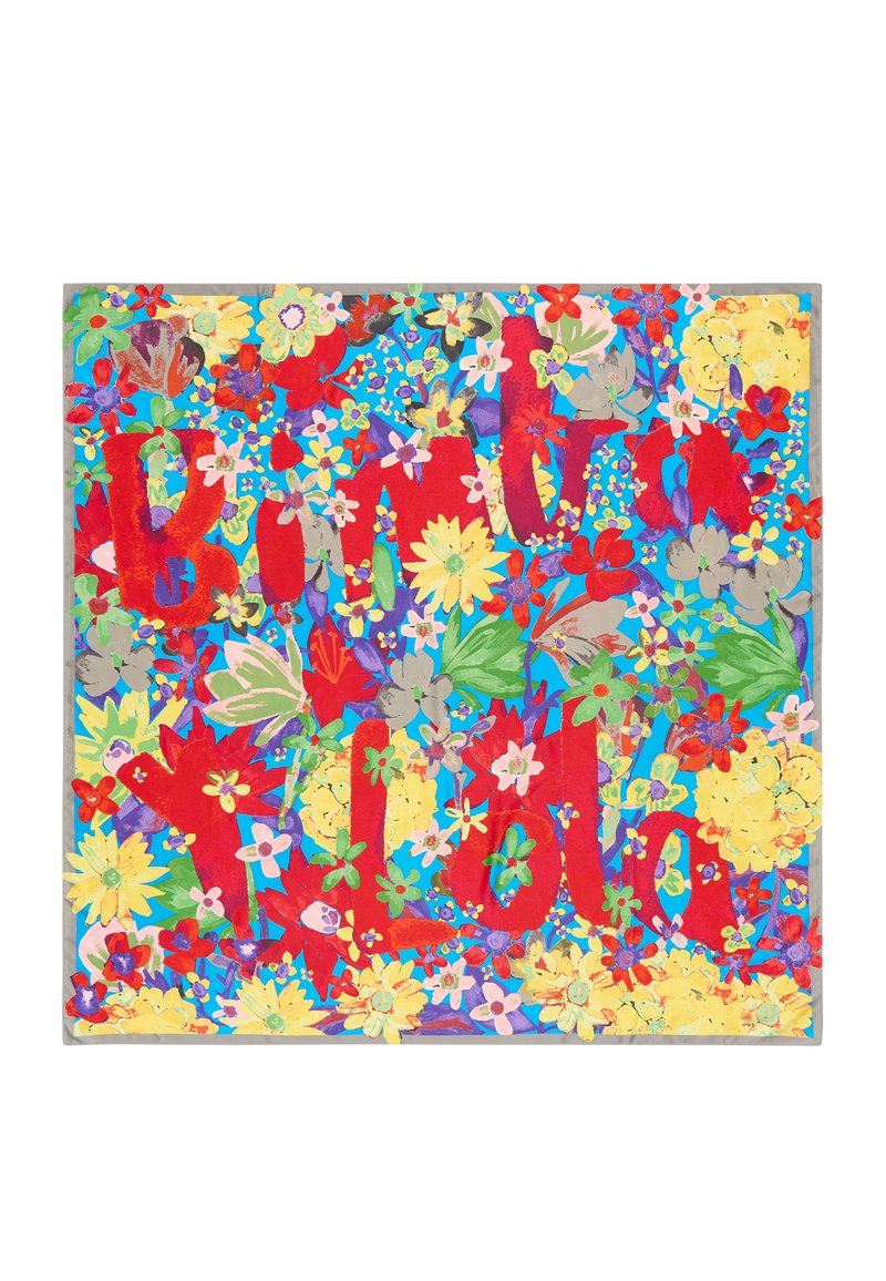 Colorful floral design with blue background; features red text reading "Happy Birthday" amidst various flowers in yellow, pink, and green.