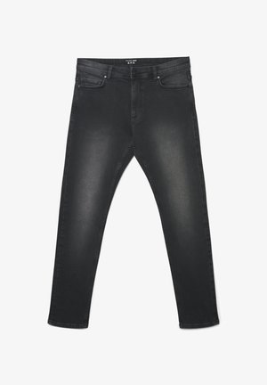 Czarne jeansy z denimu o prostych nogawkach, średnim wybarwieniu, w stylu z pięcioma kieszeniami i standardowym zapięciu na guzik.