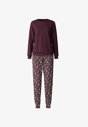 Sweatshirt in dark purple cotton with round neck and long sleeves; patterned trousers in multicolor floral design with tapered leg.