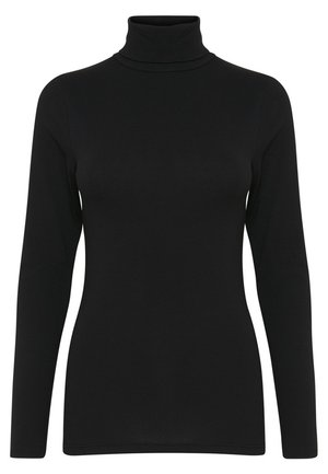 Black long-sleeve turtleneck top made from a soft, stretchy fabric; fitted design with a high collar and smooth texture.