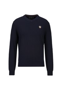 Marineblauer Strickpullover mit V-Ausschnitt und langen Ärmeln. Verfügt über ein kleines goldenes Logo auf der Brust. Gerippte Bündchen und Saum.