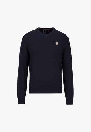 Marineblauer Strickpullover mit V-Ausschnitt und langen Ärmeln. Verfügt über ein kleines goldenes Logo auf der Brust. Gerippte Bündchen und Saum.