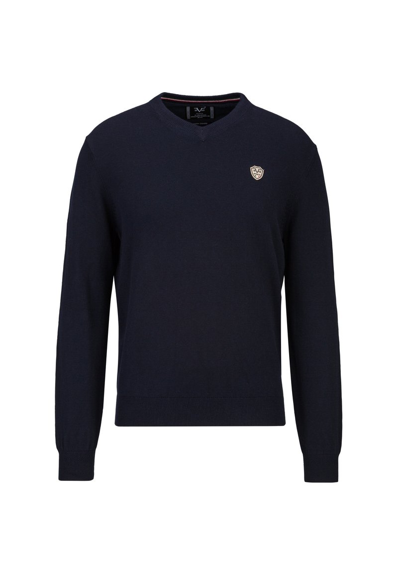 Marineblauer Strickpullover mit V-Ausschnitt und langen Ärmeln. Verfügt über ein kleines goldenes Logo auf der Brust. Gerippte Bündchen und Saum.