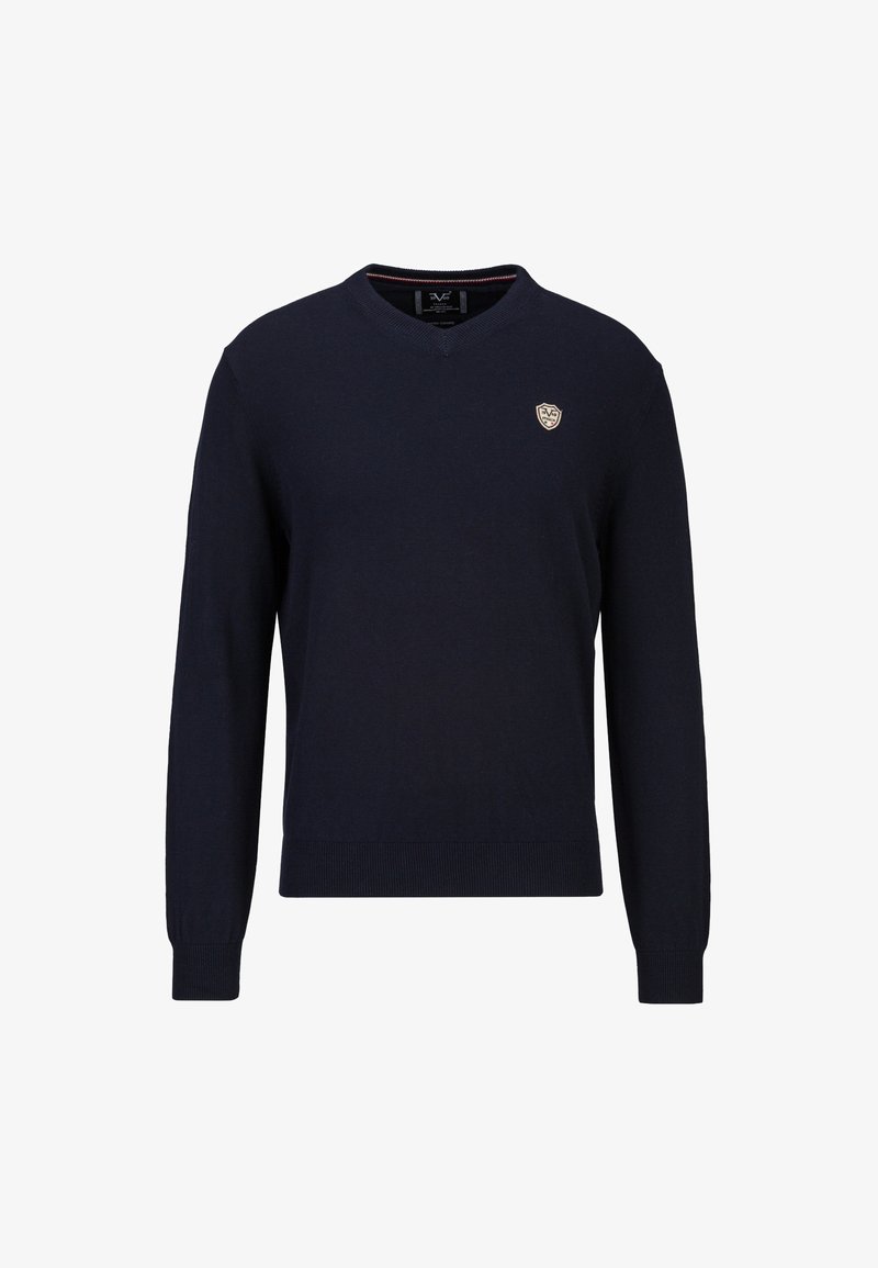 Marineblauer Strickpullover mit V-Ausschnitt und langen Ärmeln. Verfügt über ein kleines goldenes Logo auf der Brust. Gerippte Bündchen und Saum.